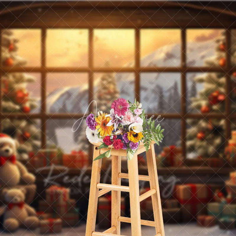 Aperturee - Aperturee Winter Window View Christmas Backdrop Teddy Bear Mountain Snow Background Scenic Landscape Holiday Party Decoration