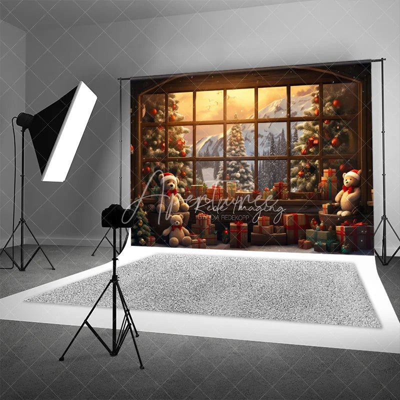 Aperturee - Aperturee Winter Window View Christmas Backdrop Teddy Bear Mountain Snow Background Scenic Landscape Holiday Party Decoration