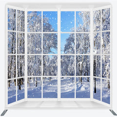 Aperturee - Aperturee Winter Window View Tension Fabric Backdrop Snowy Forest Landscape Decor White Frame Theme Background for Holiday