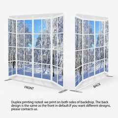 Aperturee - Aperturee Winter Window View Tension Fabric Backdrop Snowy Forest Landscape Decor White Frame Theme Background for Holiday