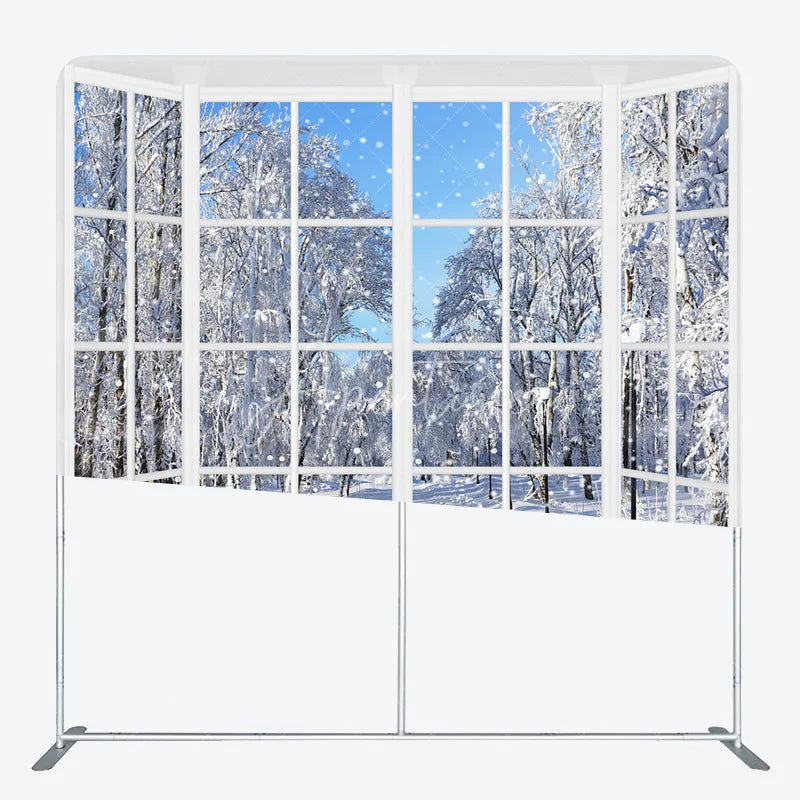 Aperturee - Aperturee Winter Window View Tension Fabric Backdrop Snowy Forest Landscape Decor White Frame Theme Background for Holiday