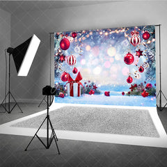 Aperturee - Aperturee Winter Wonderland Christmas Backdrop with Red Ornaments and Snow Bokeh Lights Holiday Party Photo Booth