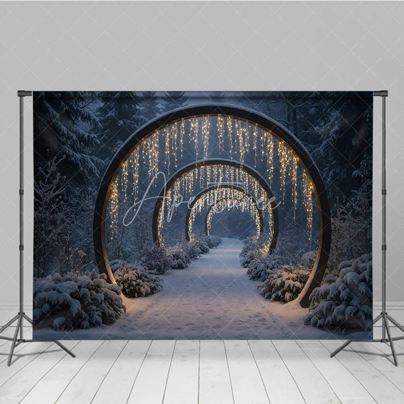 Aperturee - Aperturee Winter Wonderland Light Tunnel Photography Backdrop Snowy Path with Glowing Arches Magical Christmas Forest Scene