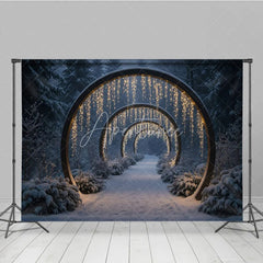 Aperturee - Aperturee Winter Wonderland Light Tunnel Photography Backdrop Snowy Path with Glowing Arches Magical Christmas Forest Scene