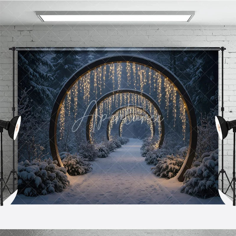 Aperturee - Aperturee Winter Wonderland Light Tunnel Photography Backdrop Snowy Path with Glowing Arches Magical Christmas Forest Scene