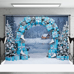 Aperturee - Aperturee Winter Wonderland Photography Backdrop Blue Gift Box Arch with Ice Skates Snowy Christmas Photo Background