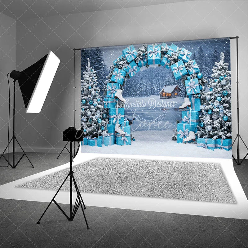 Aperturee - Aperturee Winter Wonderland Photography Backdrop Blue Gift Box Arch with Ice Skates Snowy Christmas Photo Background