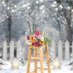 Aperturee - Aperturee Winter Wonderland Photography Backdrop Snowy Forest with Flocked Trees Christmas String Lights Photo Background