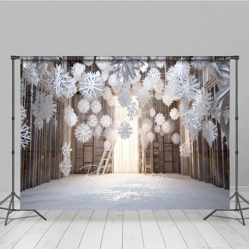 Aperturee - Aperturee Winter Wonderland Photography Backdrop with Hanging Paper Snowflakes White Christmas Rustic Holiday Photo Booth