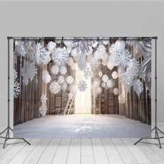 Aperturee - Aperturee Winter Wonderland Photography Backdrop with Hanging Paper Snowflakes White Christmas Rustic Holiday Photo Booth