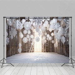 Aperturee - Aperturee Winter Wonderland Photography Backdrop with Hanging Paper Snowflakes White Christmas Rustic Holiday Photo Booth