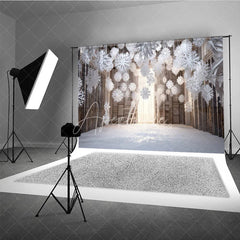 Aperturee - Aperturee Winter Wonderland Photography Backdrop with Hanging Paper Snowflakes White Christmas Rustic Holiday Photo Booth