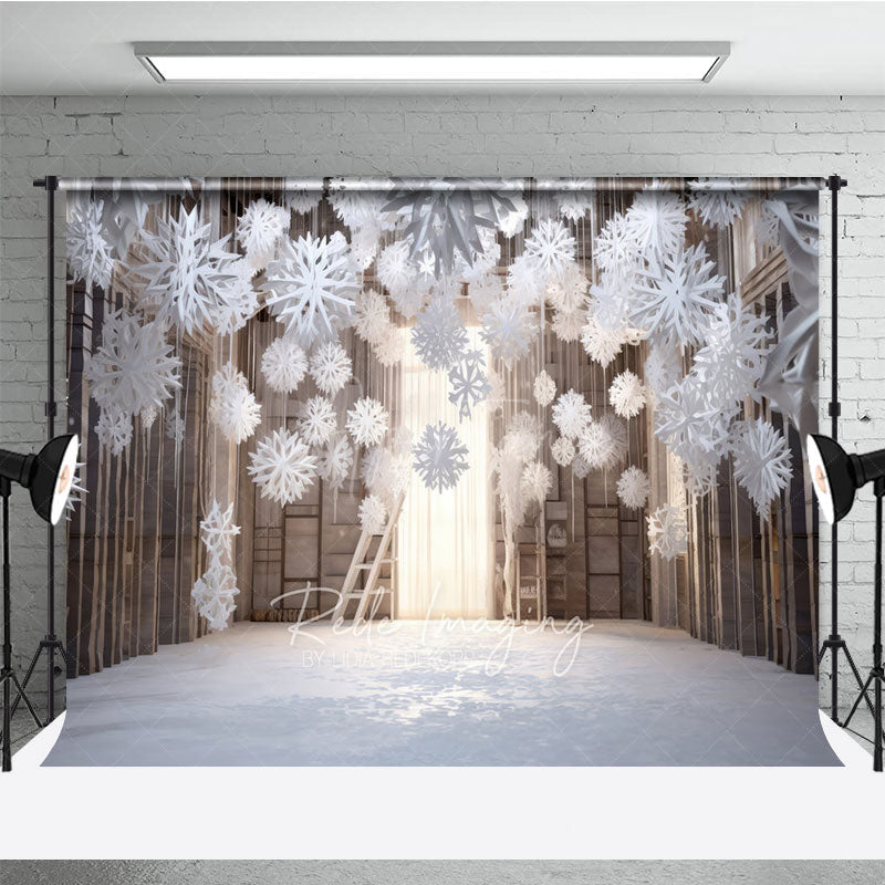 Aperturee - Aperturee Winter Wonderland Photography Backdrop with Hanging Paper Snowflakes White Christmas Rustic Holiday Photo Booth