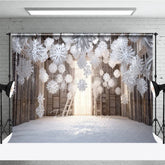 Aperturee - Aperturee Winter Wonderland Photography Backdrop with Hanging Paper Snowflakes White Christmas Rustic Holiday Photo Booth