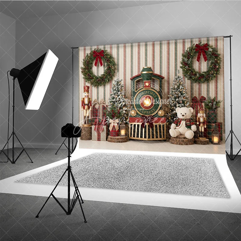Aperturee - Aperturee Winter Wonderland Pine Tree Holiday Backdrop Festive Red and Gold Gifts Setup Family Seasonal Party Photo Decor