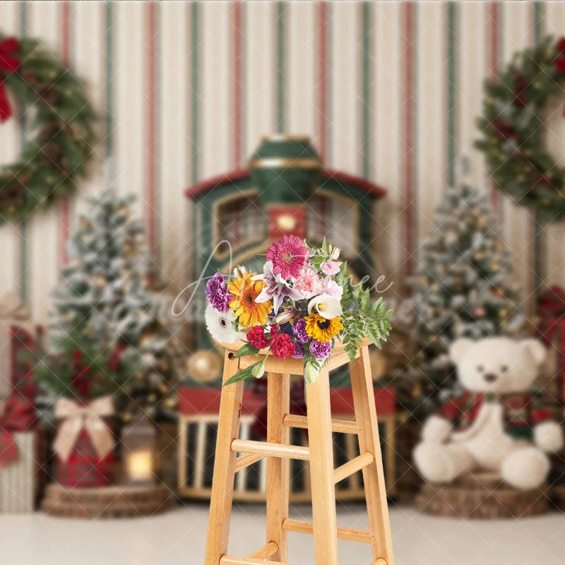 Aperturee - Aperturee Winter Wonderland Pine Tree Holiday Backdrop Festive Red and Gold Gifts Setup Family Seasonal Party Photo Decor