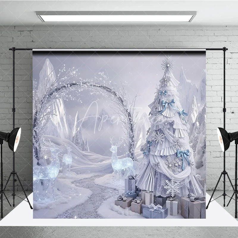 Aperturee - Aperturee Winter Wonderland Silver Ruffle Tree Backdrop Ice Castle Photography Background Crystal Reindeer Holiday Party
