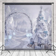 Aperturee - Aperturee Winter Wonderland Silver Ruffle Tree Backdrop Ice Castle Photography Background Crystal Reindeer Holiday Party