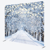 Aperturee - Aperturee Winter Wonderland Tension Fabric Backdrop Snowy Road with String Lights Christmas Forest Photography Background