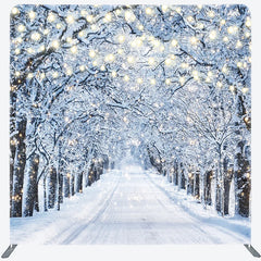 Aperturee - Aperturee Winter Wonderland Tension Fabric Backdrop Snowy Road with String Lights Christmas Forest Photography Background