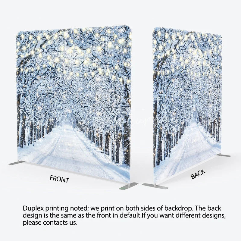 Aperturee - Aperturee Winter Wonderland Tension Fabric Backdrop Snowy Road with String Lights Christmas Forest Photography Background