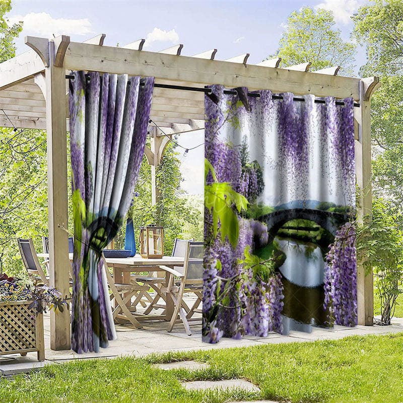 Aperturee - Aperturee Wisteria Flowers Waterproof Printed Outdoor Curtains