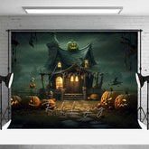 Aperturee Aperturee Witch’s Cottage Halloween Photography Backdrop Spooky House with Jack O’ Lanterns Haunted Forest Night Scenery