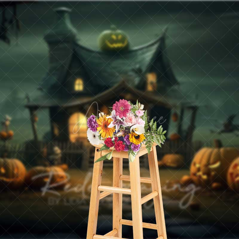 Aperturee Aperturee Witch’s Cottage Halloween Photography Backdrop Spooky House with Jack O’ Lanterns Haunted Forest Night Scenery