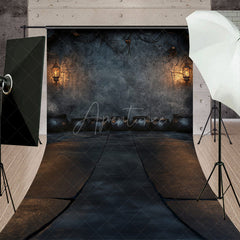 Aperturee - Aperturee Witch’s Lair with Cauldrons Sweep Backdrop Spooky Dungeon Wall and Floor Medieval Photo Shoots