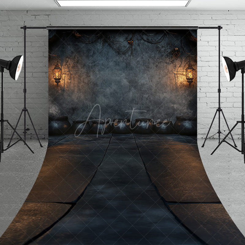 Aperturee - Aperturee Witch’s Lair with Cauldrons Sweep Backdrop Spooky Dungeon Wall and Floor Medieval Photo Shoots