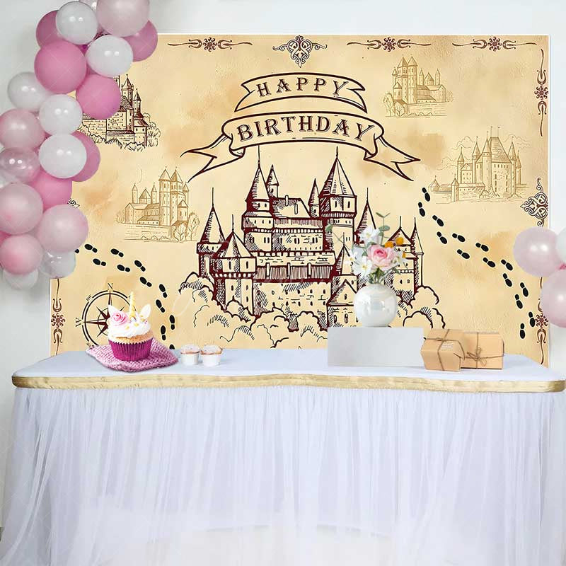 Aperturee Aperturee Wizard School of Magic Birthday Backdrop Vintage Castle and Footprints Banner Fantasy Movie Theme Party Supplies