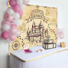 Aperturee Aperturee Wizard School of Magic Birthday Backdrop Vintage Castle and Footprints Banner Fantasy Movie Theme Party Supplies