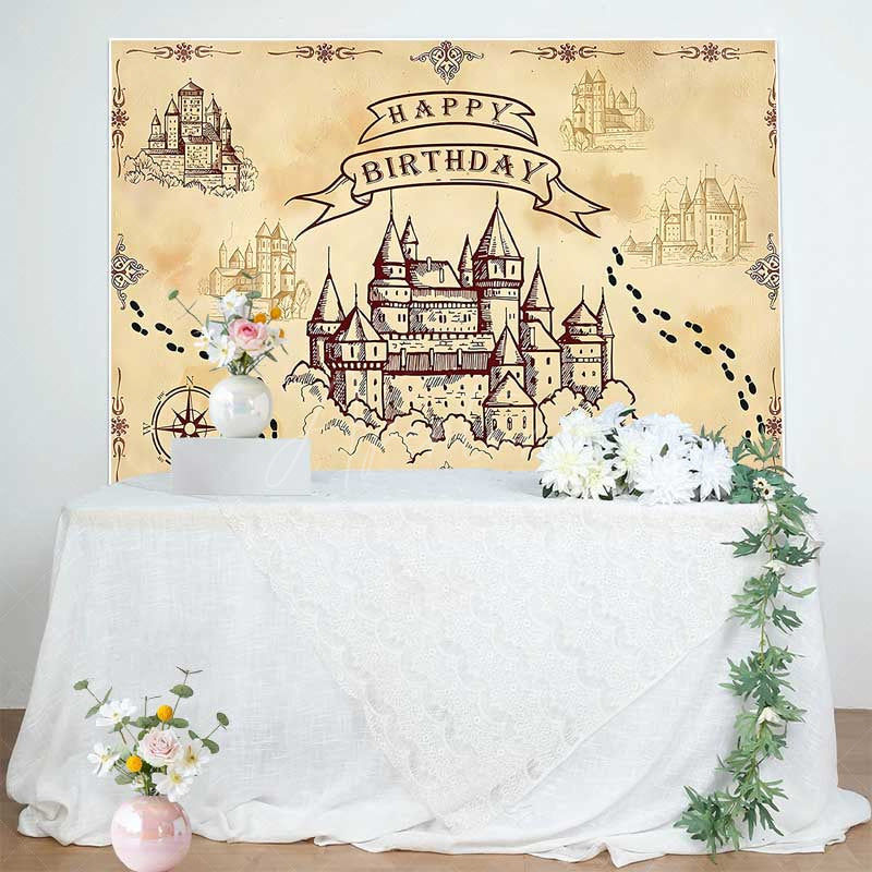 Aperturee Aperturee Wizard School of Magic Birthday Backdrop Vintage Castle and Footprints Banner Fantasy Movie Theme Party Supplies