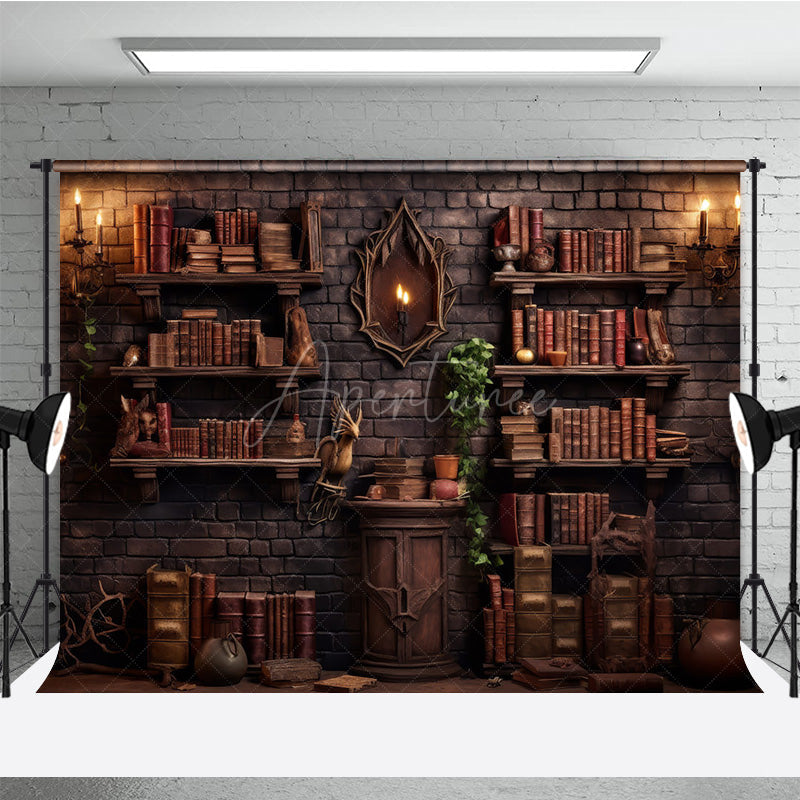 Aperturee - Aperturee Wizard’s Library Bookshelf Photography Backdrop Magical Alchemist Study for Fantasy Halloween Photo Shoots