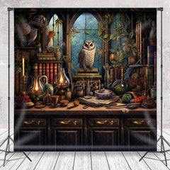 Aperturee - Aperturee Wizard’s Study with Owl Photography Backdrop Magical Potions and Books Desk Fantasy Halloween Photo Shoots