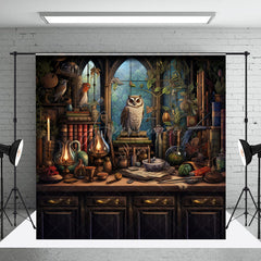 Aperturee - Aperturee Wizard’s Study with Owl Photography Backdrop Magical Potions and Books Desk Fantasy Halloween Photo Shoots