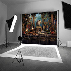 Aperturee - Aperturee Wizard’s Study with Owl Photography Backdrop Magical Potions and Books Desk Fantasy Halloween Photo Shoots