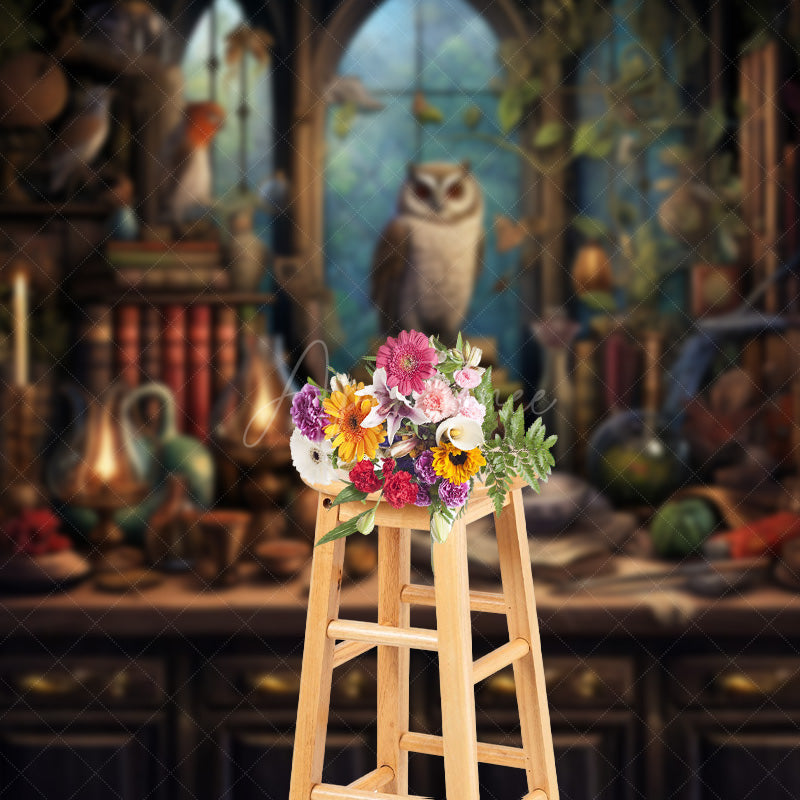 Aperturee - Aperturee Wizard’s Study with Owl Photography Backdrop Magical Potions and Books Desk Fantasy Halloween Photo Shoots
