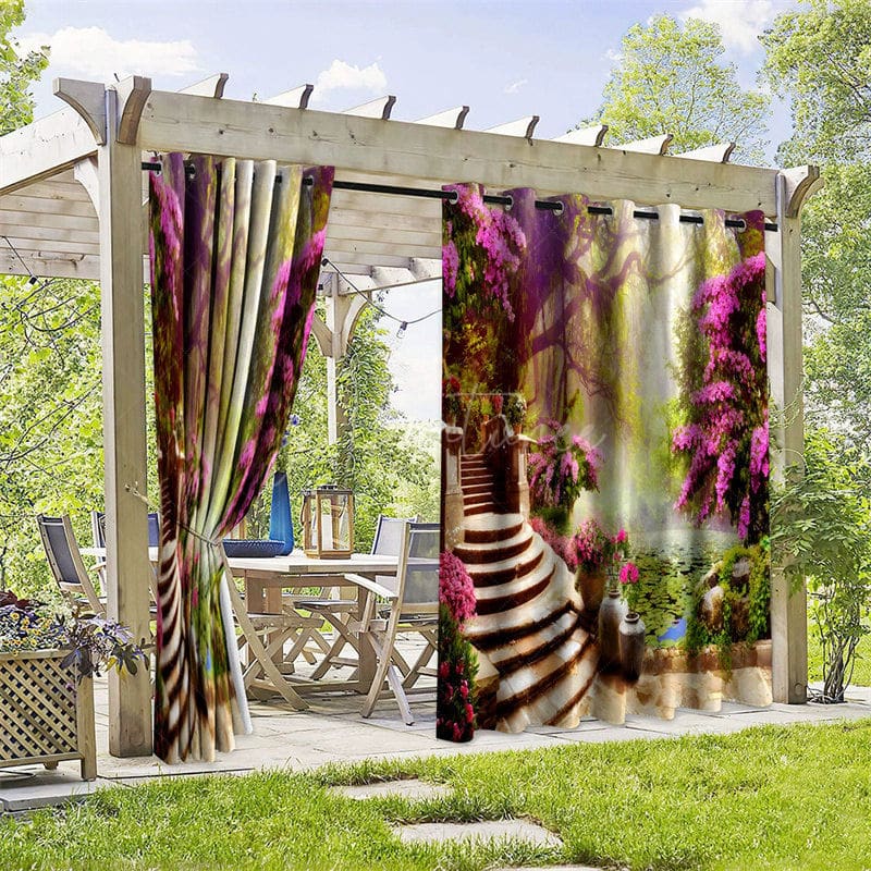 Aperturee - Aperturee Wonderland Stairs Waterproof Printed Outdoor Curtains