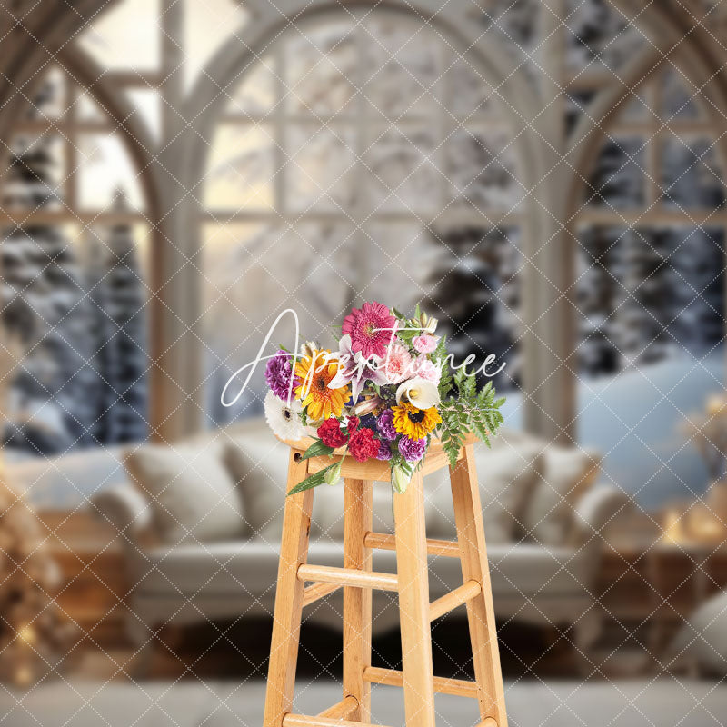 Aperturee - Aperturee Wood Arch Window Winter World Cozy Sofa Backdrop