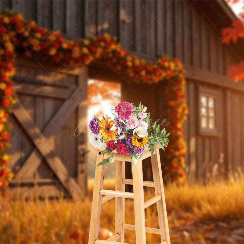 Aperturee - Aperturee Wood Barn Floral Maple Tree Autumn Photo Backdrop