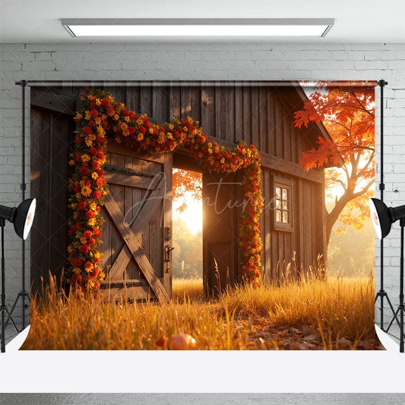 Aperturee - Aperturee Wood Barn Floral Maple Tree Autumn Photo Backdrop
