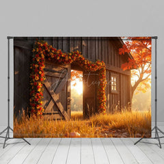 Aperturee - Aperturee Wood Barn Floral Maple Tree Autumn Photo Backdrop