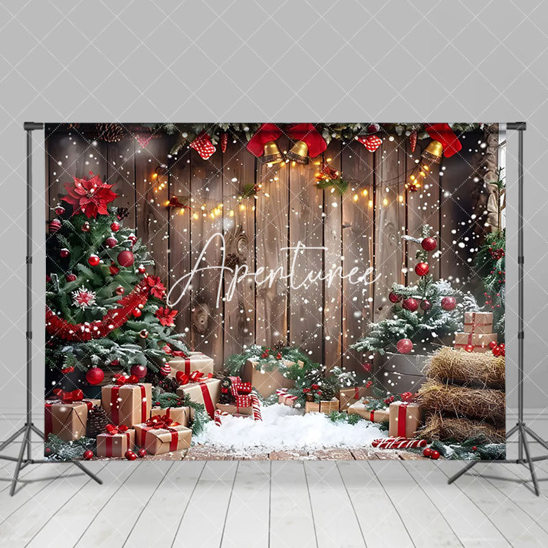 Aperturee - Aperturee Wood Board Snowflake Poinsettia Christmas Backdrop