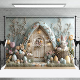 Aperturee - Aperturee Wood Bunny Hutch Eggs Floral Easter Photo Backdrop