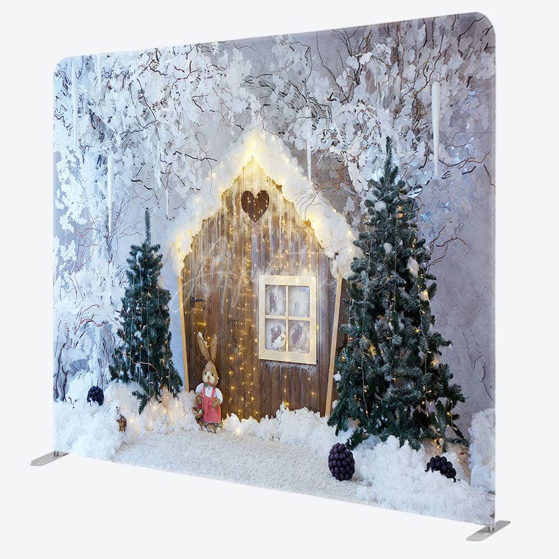 Aperturee - Aperturee Wood Cabin Snowy Tree Winter Tension Fabric Backdrop