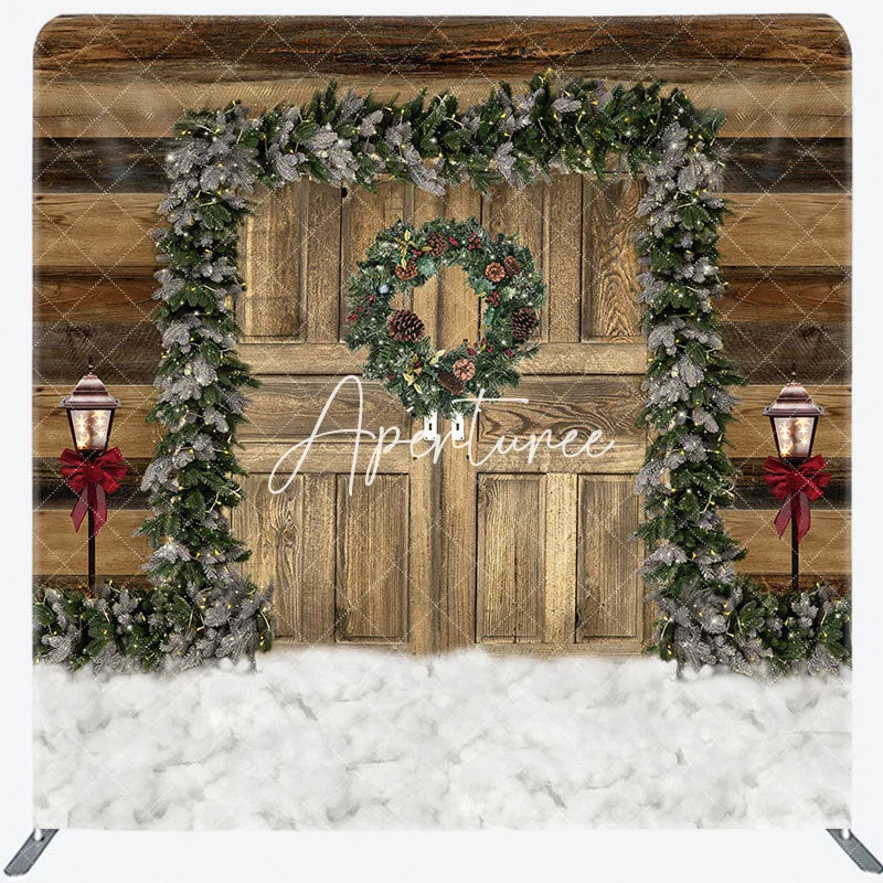 Aperturee - Aperturee Wood Door Pine Leaf Christmas Pillow Case Backdrop