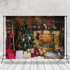 Aperturee - Aperturee Wood Fireplace Dolls Christmas Photo Backdrop