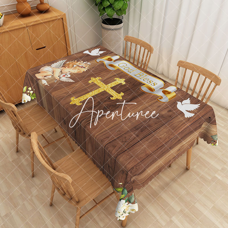 Aperturee - Aperturee Wood God Bless Baptism Party Rectangular Tablecloth