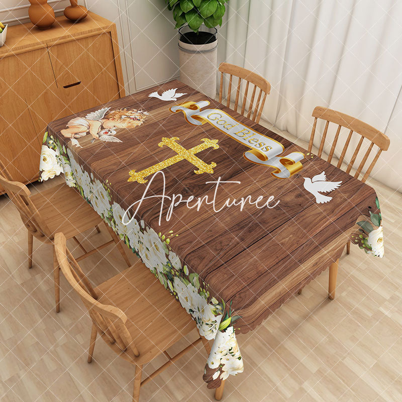 Aperturee - Aperturee Wood Grain God Bless Baptism Rectangular Tablecloth